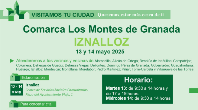 La Oficina de Atención a la ciudadanía se desplaza a la Comarca de los Montes, en Granada, este 13 y 14 de mayo