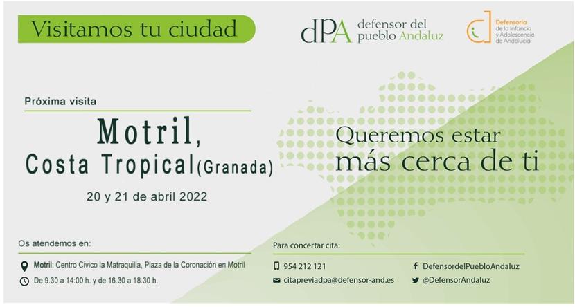 La Oficina de Información y Atención Ciudadana del Defensor del Pueblo andaluz se desplaza a Motril (Costa Tropical de Granada) los días 20 y 21 de abril para la atención presencial a la ciudadanía